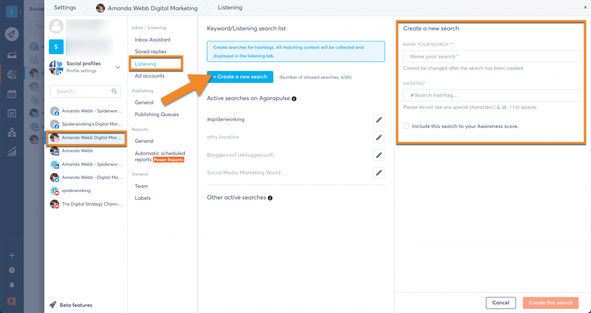 screenshot how to create a new search on how to use social media for your brand